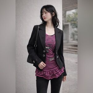 Y2K 2000s style Elegant Black Blazer with Pink Striped Top